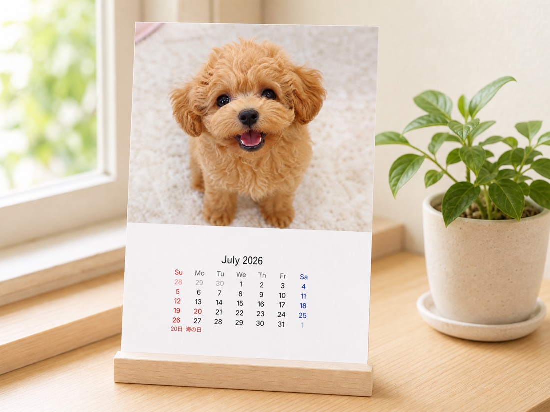 フォトスタンドに飾った、愛犬のフォトカレンダー（7月）