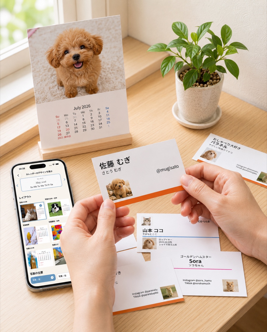 机の上に並んだ愛犬のフォトカレンダーとペット名刺。手前のスマホではカレンダーのデザインを選んでいる