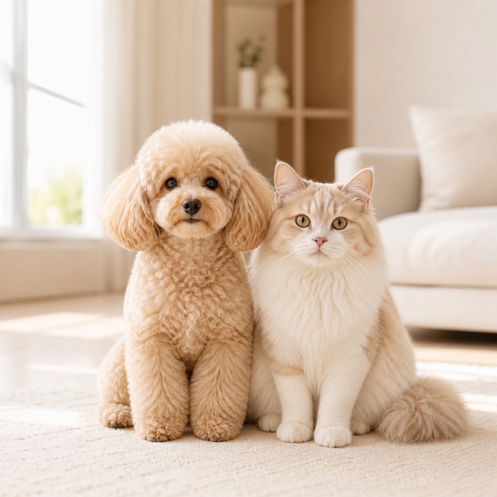 カメラ目線で並ぶ、ふわふわで可愛い犬と猫