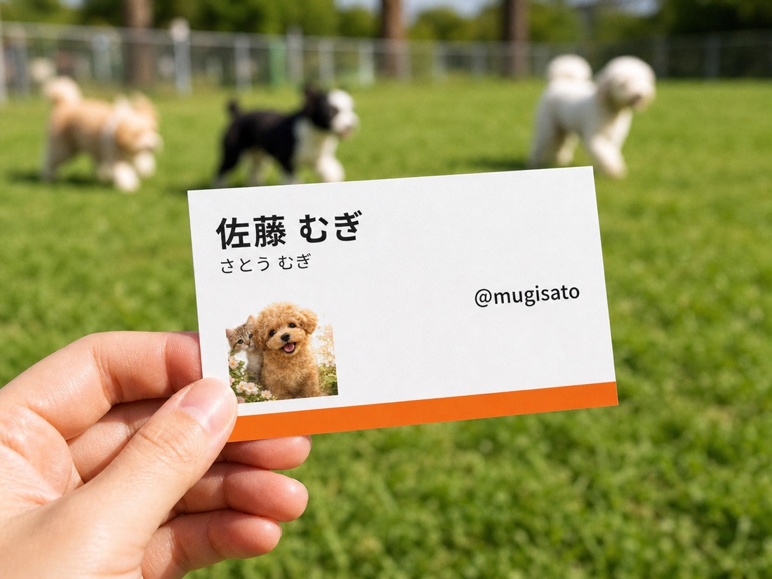 芝生を背景に、うちの子の名刺カードを手に持つ様子